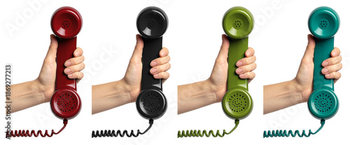 group of hand holding telephone receiver isolated on white background