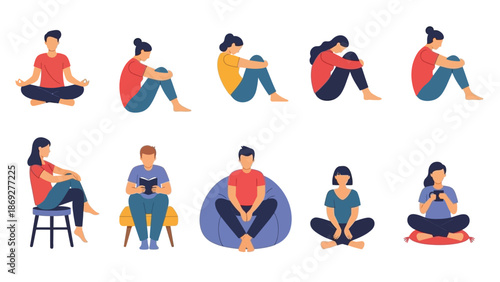 Collection of diverse people sitting in various relaxed poses demonstrating different forms of quiet leisure and mindful activity illustrations