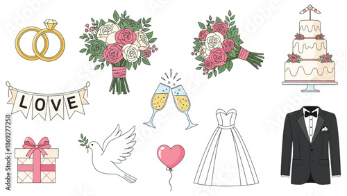 Collection of charming and essential wedding elements including rings, bouquets, a tiered cake, bride's dress, groom's tuxedo, and celebration icons.