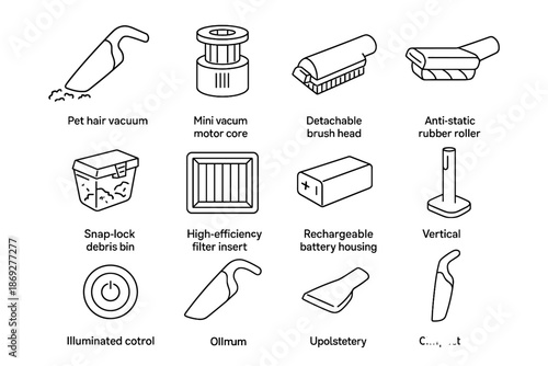 Brush bin battery motor icon vector compact vacuum tip pet rubber