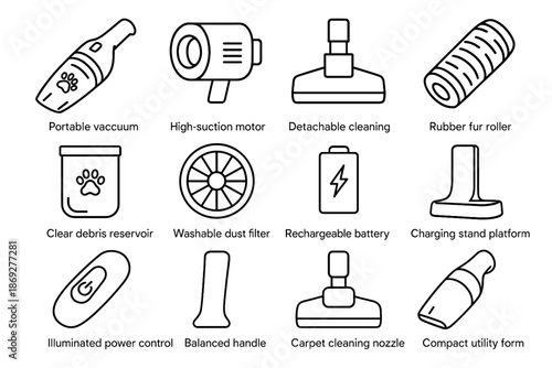 Dust hair vacuum battery handle icon washable pet form vector unit clear