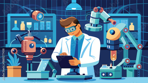 Scientist operating in a lab filled with robots and diverse scientific apparatus