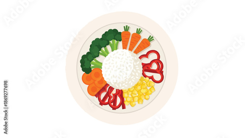 Overhead view of a healthy and vibrant vegetarian buddha bowl featuring white rice surrounded by colorful steamed vegetables like broccoli carrots and corn kernels