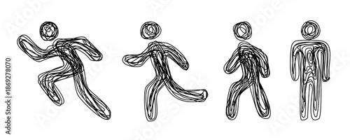 Hand drawn scribble stick figures set showing progression from running to standing. Vector doodle man in motion, walking and active poses.