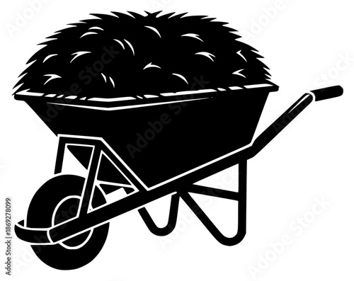 a black and white illustration of a wheelbarrow, black, full, icon, illustration, silhouette, wheelbarrow, against transparent background