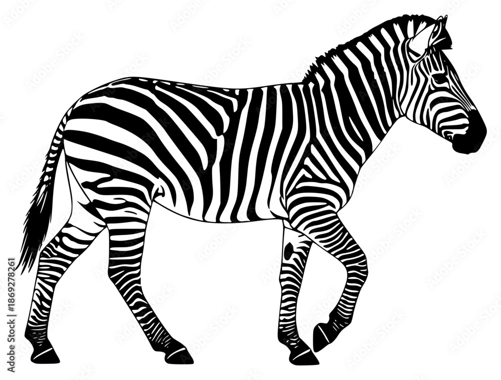 Fototapeta premium black and white image of a zebra on a , black, image, silhouette, walk, zebra, against transparent background