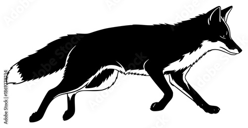 a black and white illustration of a wolf standing in silhouette, black, drawing, fox, illustration, silhouette, stand, wolf, against transparent background