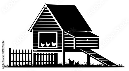 a black and white image of a wooden house with a fence and a dog and a cat, black, cat, chicken, dog, fence, grass, house, icon, illustration, image, silhouette, wooden, against transparent background