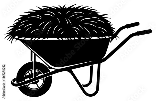 a black and white illustration of a wheelbarrow, black, full, icon, illustration, silhouette, wheelbarrow, against transparent background