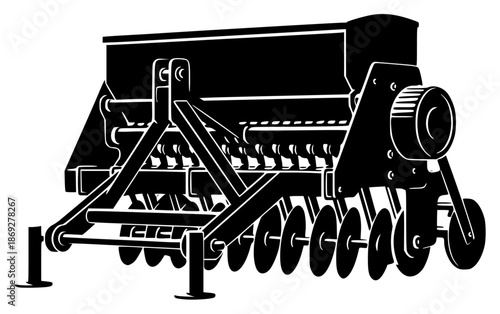 a black and white illustration of a machine for plowing a field, black, field, icon, illustration, machine, silhouette, tractor, against transparent background