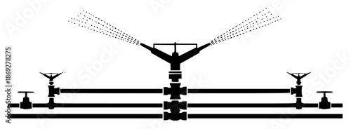a black and white illustration of pipes and sprinklers, black, illustration, pipe, silhouette, tree, against transparent background