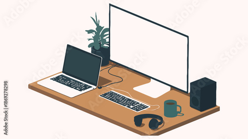 clean and organised desk setup with laptop, monitor, headphones, and plant, illustrating productive remote work, home office workspace, digital nomad lifestyle, and modern office vector design.