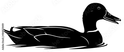 a black and white image of a duck swimming in a pond, black, duck, illustration, image, pond, silhouette, swim, water, against transparent background