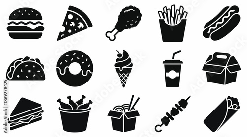A collection of black silhouette icons representing various popular fast food items and snacks, including burgers, pizza, fried chicken, fries, hot dogs, tacos, donuts, ice cream, drinks, and more.