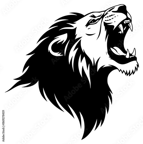 black and white illustration of the head of a lion, black, head, illustration, lion, logo, open, symbol, against transparent background