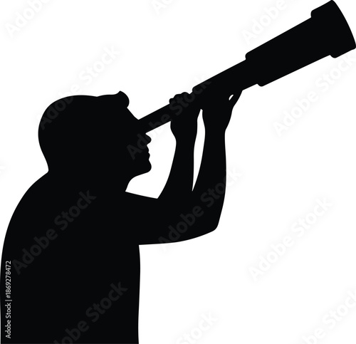 Man silhouette observing stars with telescope, astronomy passion, curiosity, exploration, science education, night sky discovery, minimal black vector illustration