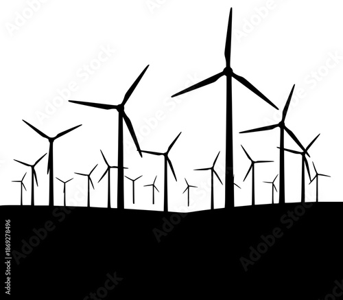 a black and white silhouette of several wind turbines on a hill, black, field, hill, several, silhouette, wind farm, wind turbine, windmill, against transparent background