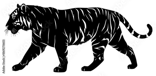 an image of a black silhouette of a beautiful tiger, abstract, beautiful, black, illustration, image, silhouette, tiger, walk, against transparent background
