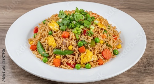 Delicious fried rice with vegetables and herbs on white plate