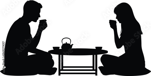 Romantic couple silhouette enjoying tea together, calm conversation, intimacy, harmony, love bonding, peaceful lifestyle moment, minimal black vector illustration