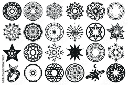 Elegant star ring mandala silhouette featuring a circular arrangement of stars in a balanced, symmetrical design