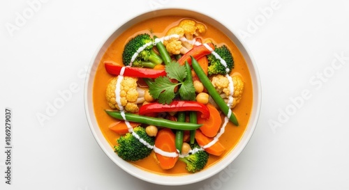 Delicious vegetable curry with chickpeas and herbs in bowl