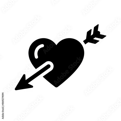 A black heart pierced by an arrow on a white background symbolizing love and passion