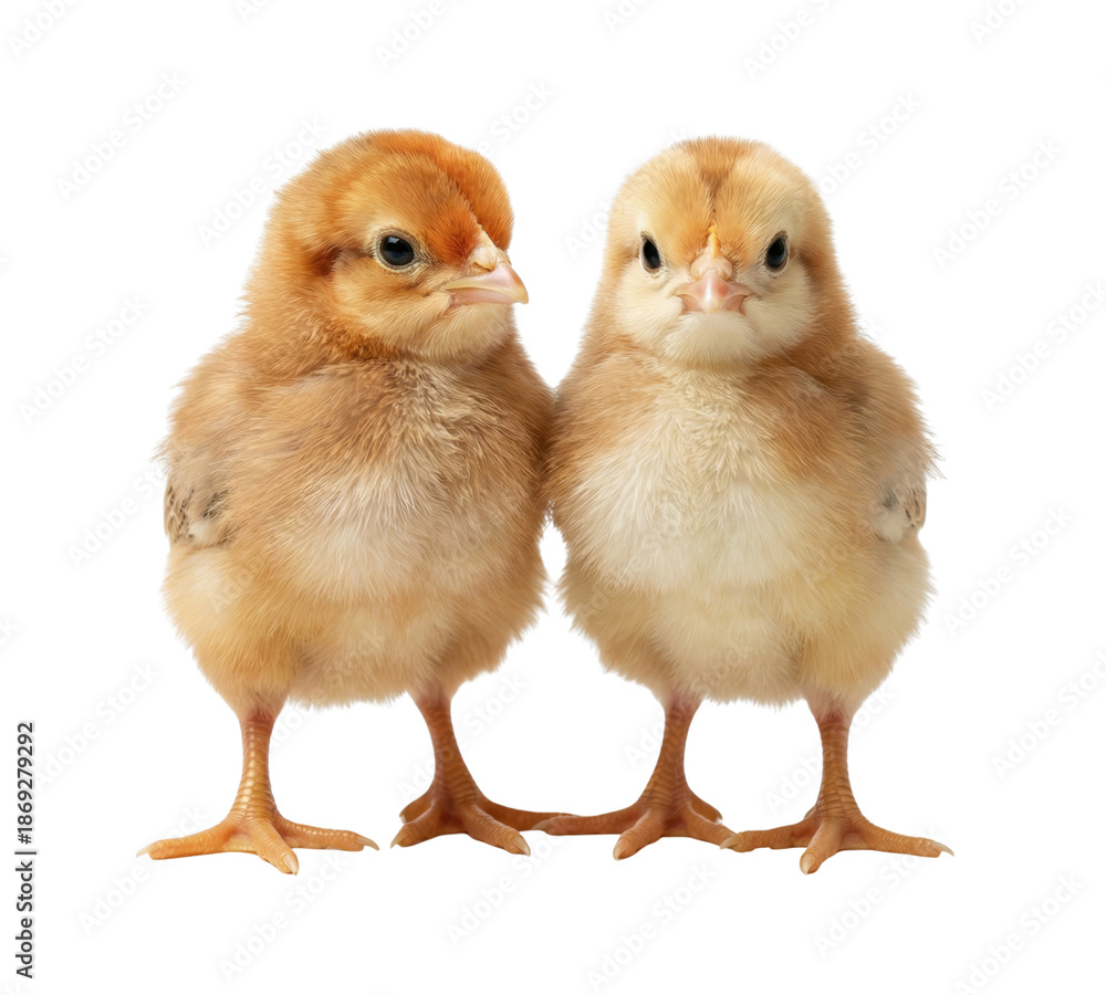 Fototapeta premium Two Fluffy Brown Baby Chicks Isolated on White Background