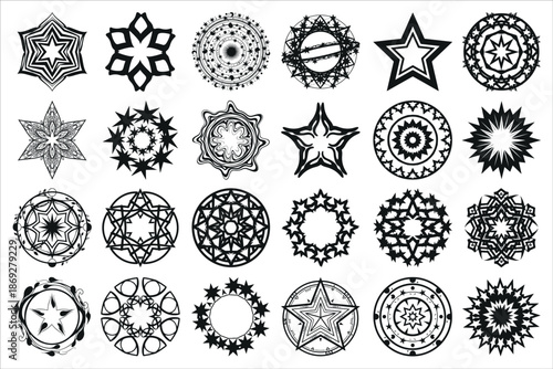 Elegant star ring mandala silhouette featuring a circular arrangement of stars in a balanced, symmetrical design