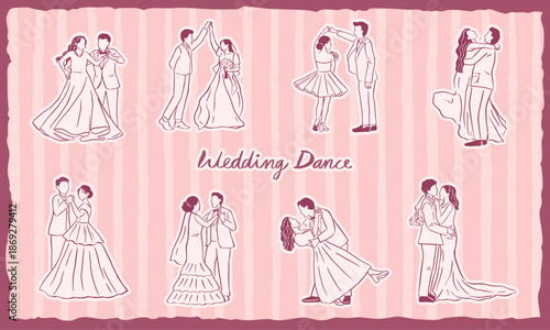 bride and groom couple wedding dance scene hand drawn sketch illustration collection set