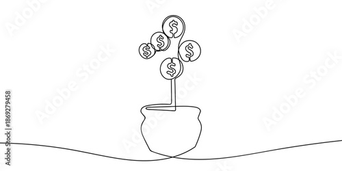 Continuous line art of a potted tree with dollar coin-shaped leaves, business and finance illustration concept. line drawing style Vector on transparent background Editable stroke.