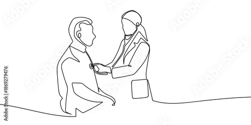 Continuous line art: A doctor is checking a heartbeat. line drawing style Vector on transparent background Editable stroke.
