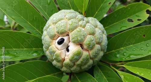 Fresh custard apple with green leaves and water droplets