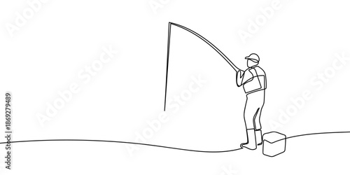 Continuous line art, person fishing, rear view. line drawing style Vector on transparent background Editable stroke.