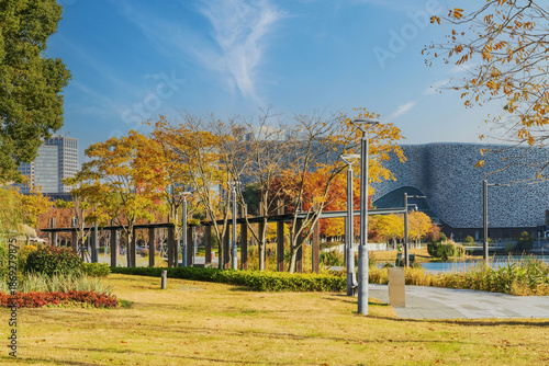 The beautiful autumn scenery of a city park in Suzhou, Jiangsu Province, China, photographed on December 8, 2025