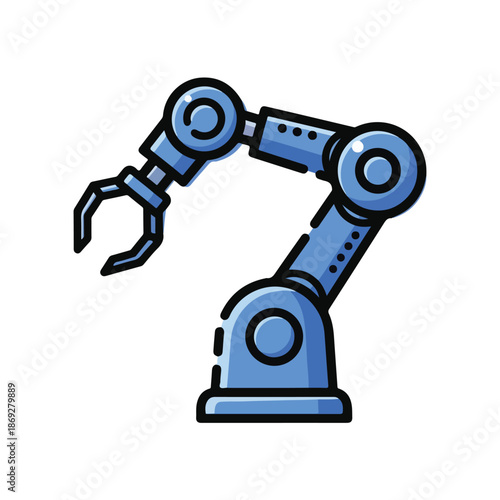 A blue robotic arm with a claw-like end effector