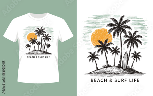 Beach and Surf Life Vintage Palm Tree Sunset T‑Shirt Design Vector Illustration