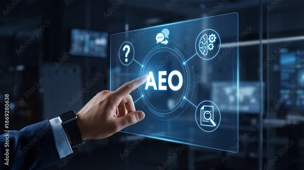 Obraz premium Business professional hand interacting with aeo technology modern office digital interface corporate environment close-up viewpoint