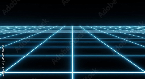 Futuristic Glowing Blue Digital Grid Background with Horizon Perspective. Abstract Retro Wave Cyber Technology Concept.