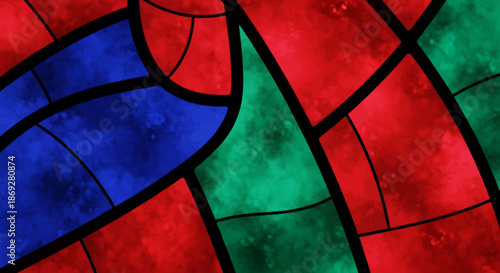 Colorful Abstract Stained Glass Texture Background with Vibrant Red Blue and Green Geometric Shapes and Black Lines