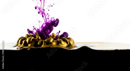 Vibrant purple ink splash erupting from golden liquid against a crisp white background with dark base, abstract dynamic movement.