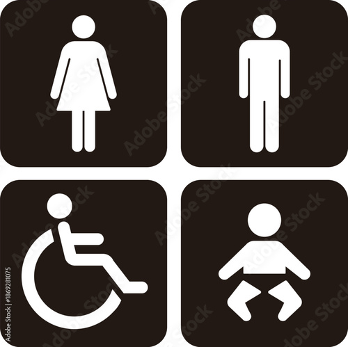 黒い背景のトイレピクトグラム　男女　車椅子　赤ちゃん　ベクターイラスト素材