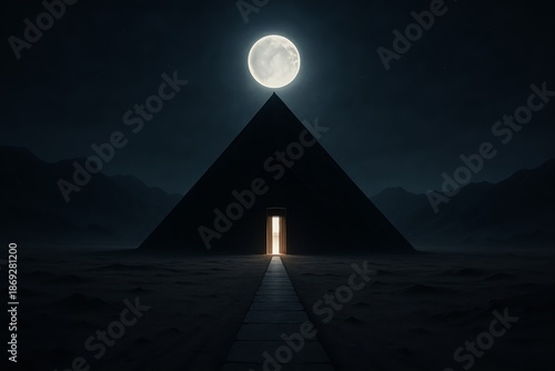 Mysterious Pyramid with Glowing Entrance Under Full Moon at Night