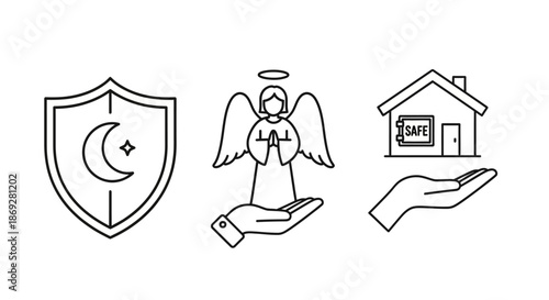 Protection and Security Line Icons Set: Shield, Crescent Moon, Star, Guardian Angel, House, Safe, and Hand for Safety Concepts