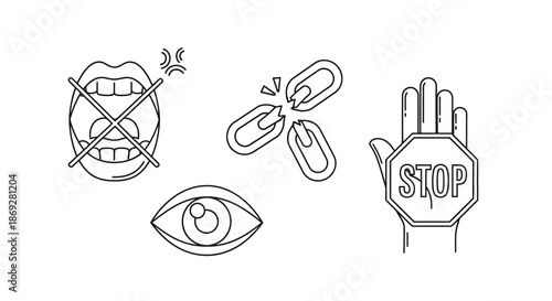Line art icons illustrating silence, broken connection, observation, and stop warning symbols. Concepts of restriction, communication, security, and awareness.