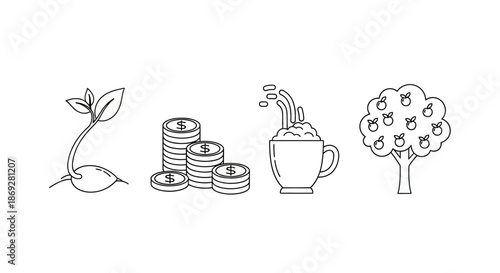 Growth and prosperity line art icons: sprouting plant, stacked coins, apple tree, and splashing drink cup illustration.