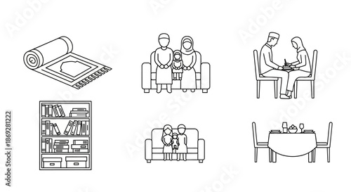 Family Home Lifestyle Icons: Prayer Mat, Couch, Dining Table, Bookshelf. Simple Black and White Line Art Illustrations.