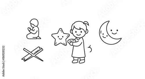 Joyful child holding star with Islamic prayer, crescent moon, and holy book stand line art for kids' education and culture
