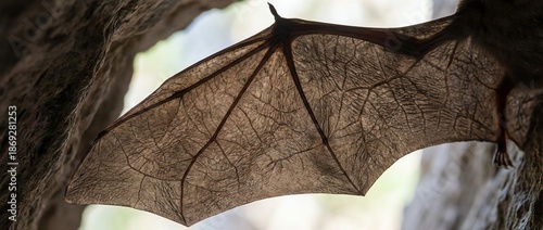 Close up of a bat wing showing intricate details and veins.
