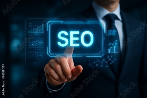 Businessman Touching SEO Optimization Interface for Digital Marketing Strategy